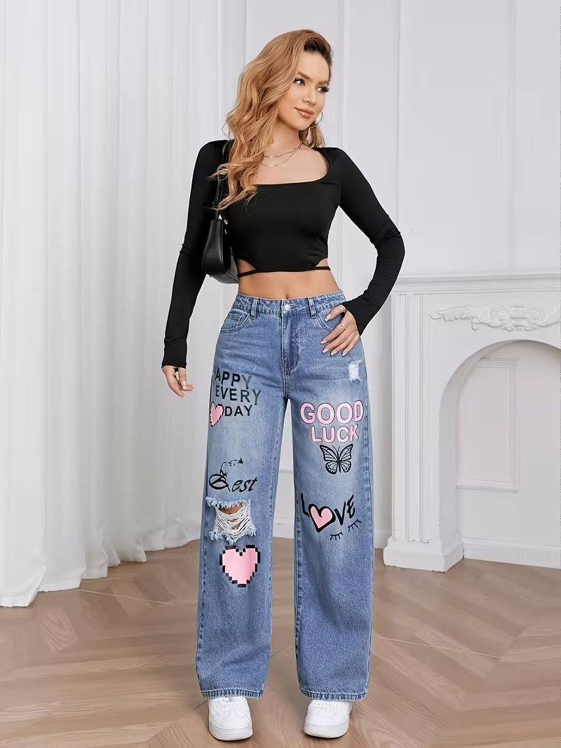 Calça Jeans Feminina Wide Leg Cintura Alta Estampa Retrô
