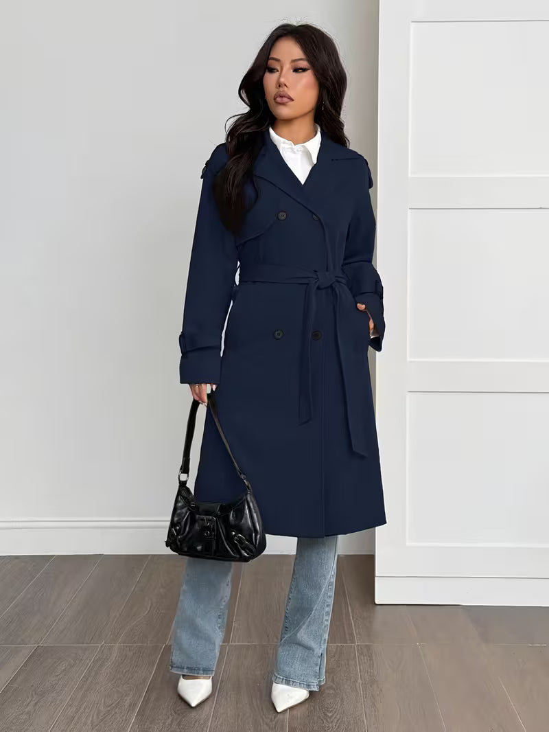 Casaco Trench Feminino Longo Dupla Abotoadura Elegante Inverno