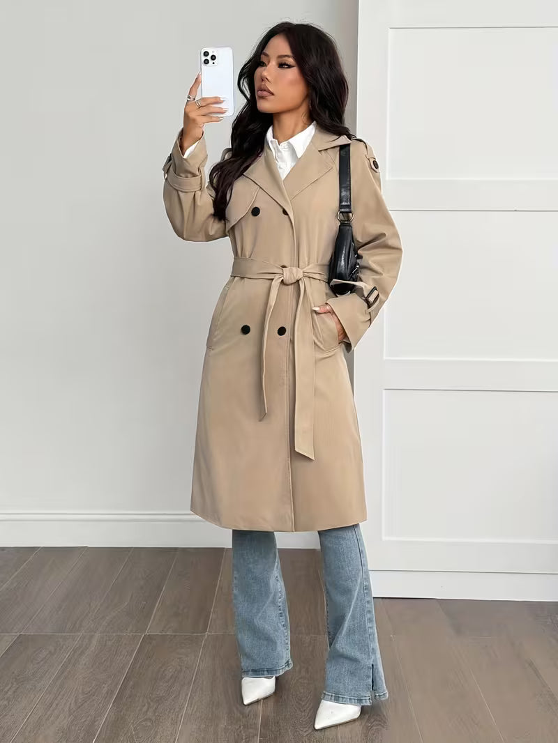 Casaco Trench Feminino Longo Dupla Abotoadura Elegante Inverno