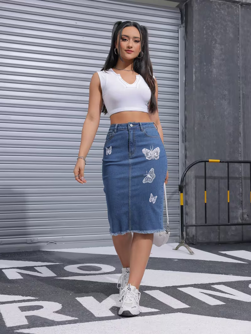 Saia Jeans Midi Justa Feminina com Estampa de Borboleta