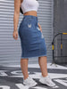 Saia Jeans Midi Justa Feminina com Estampa de Borboleta