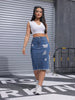 Saia Jeans Midi Justa Feminina com Estampa de Borboleta