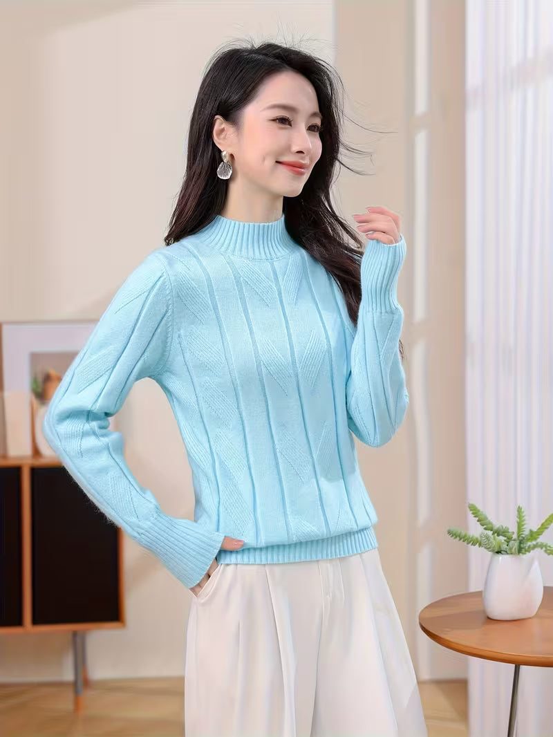 Suéter Feminino Gola Alta de Malha Canelada Manga Longa Elegante