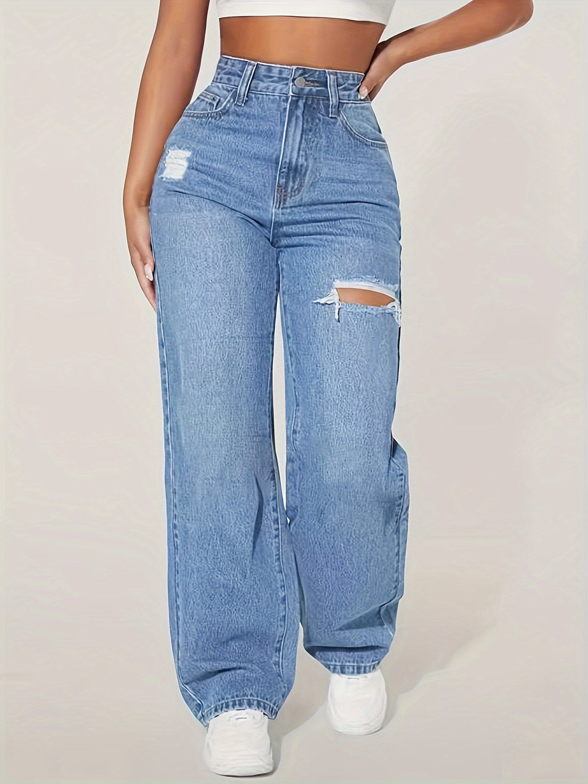 Calça Jeans Feminina Wide Leg Cintura Alta Destroyed Azul Claro