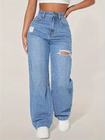 Calça Jeans Feminina Wide Leg Cintura Alta Destroyed Azul Claro