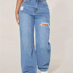 Calça Jeans Feminina Wide Leg Cintura Alta Destroyed Azul Claro