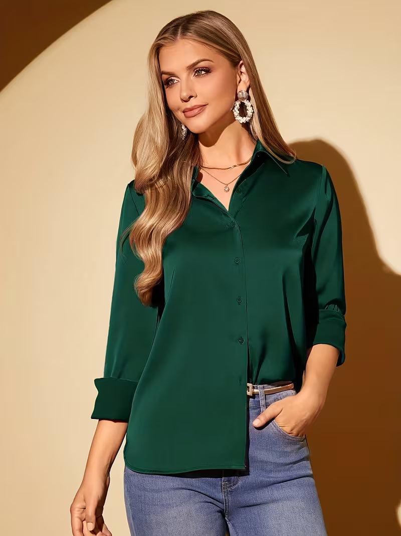 Camisa Feminina Cetim Manga Longa Social Elegante