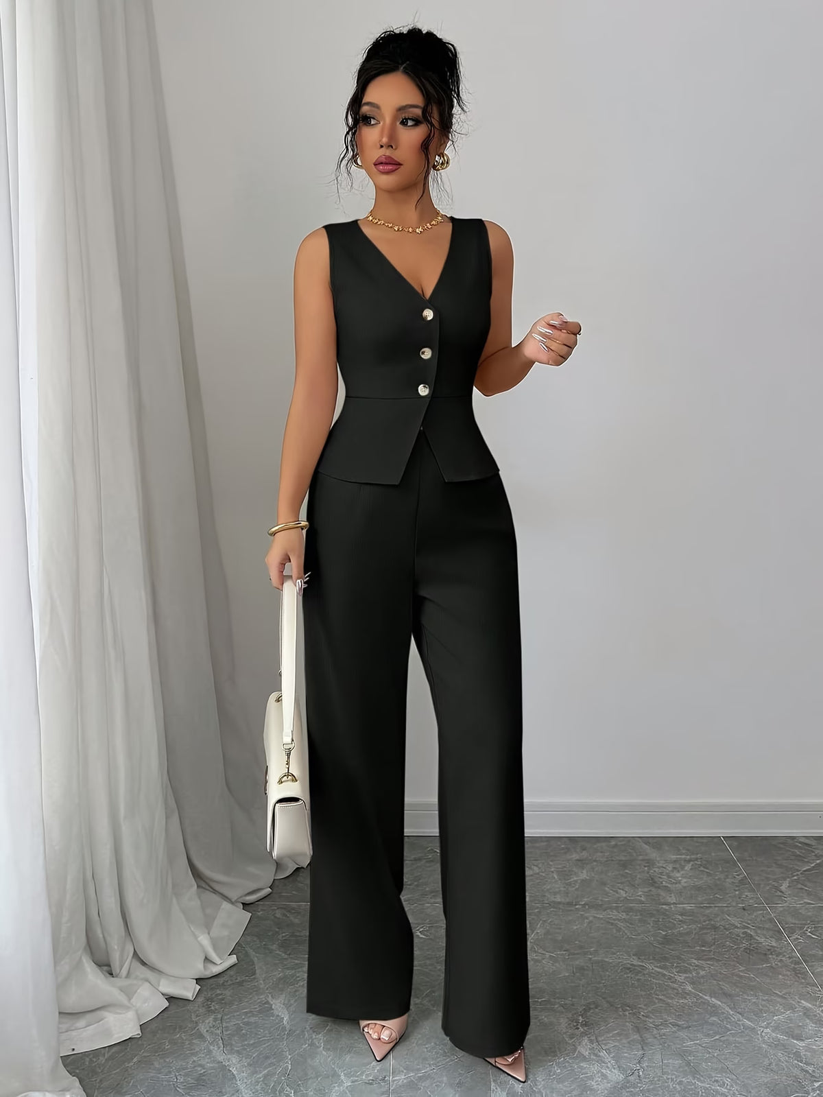 Conjunto Feminino 2 Peças Colete e Calça Pantalona Elegante