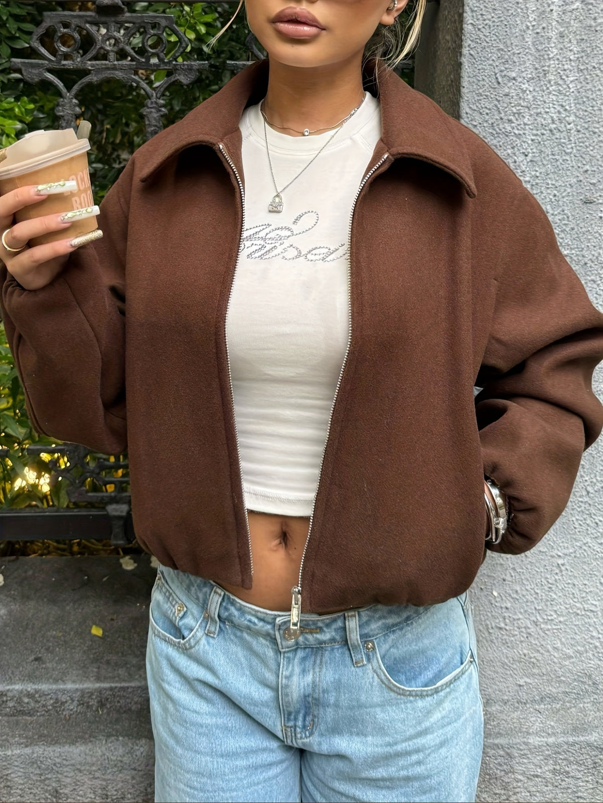 Jaqueta Feminina Tweed com Zíper e Gola Alta para Outono/Inverno