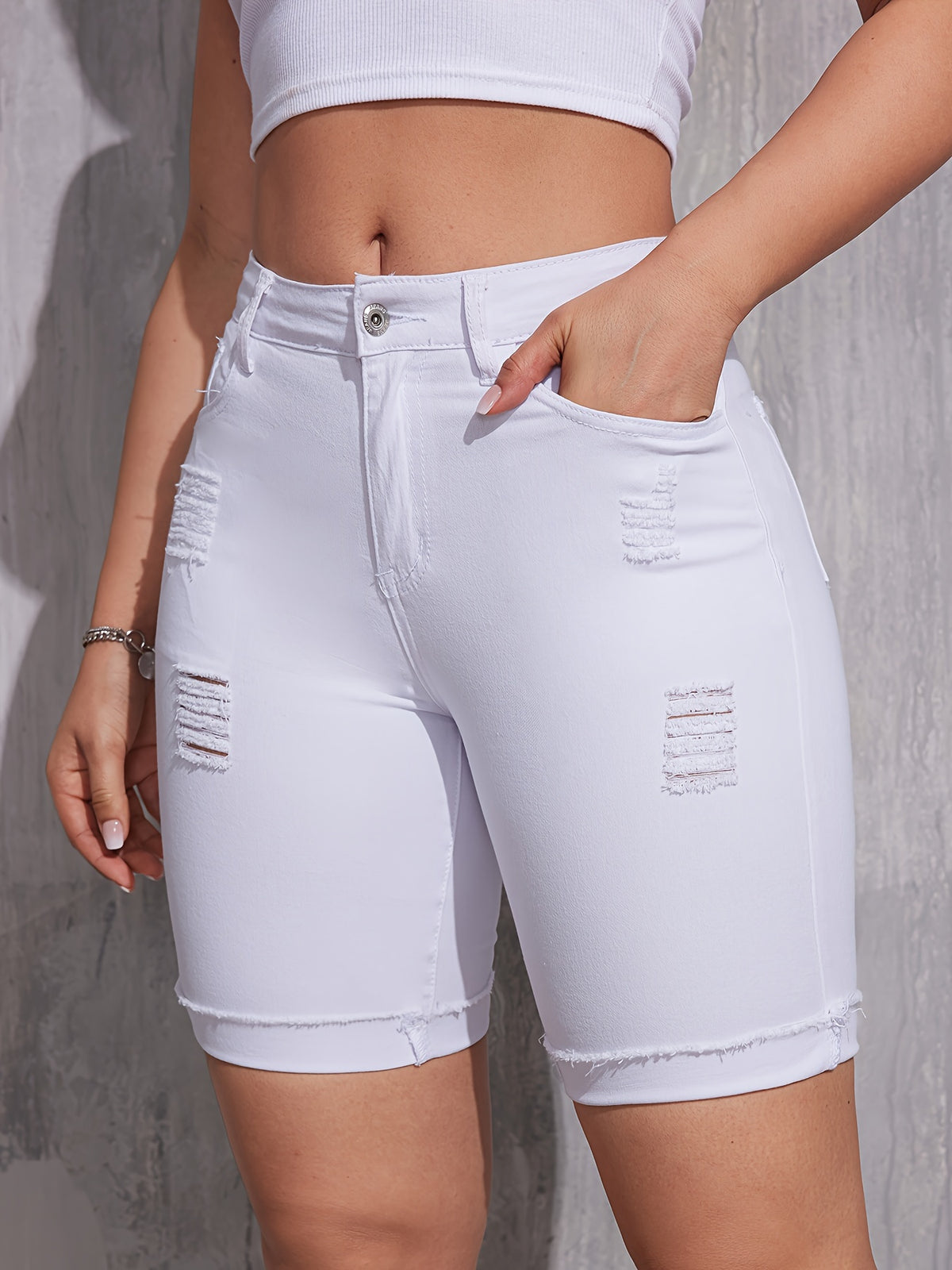 Bermuda Jeans Feminina Branca Cintura Alta