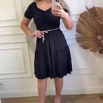 Vestido Feminino Solto de Gola V com Bolsos e Cinto