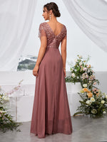 Vestido Chiffon Floral Bordado com Saia Flutuante para Festa