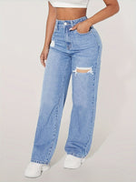 Calça Jeans Feminina Wide Leg Cintura Alta Destroyed Azul Claro