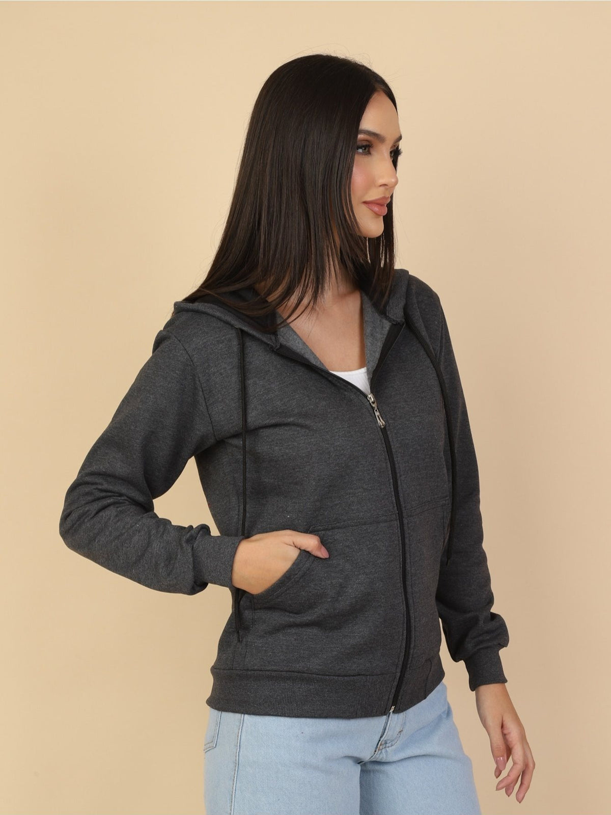 Moletom Feminino com Capuz e Zíper Casual Confortável com Bolsos