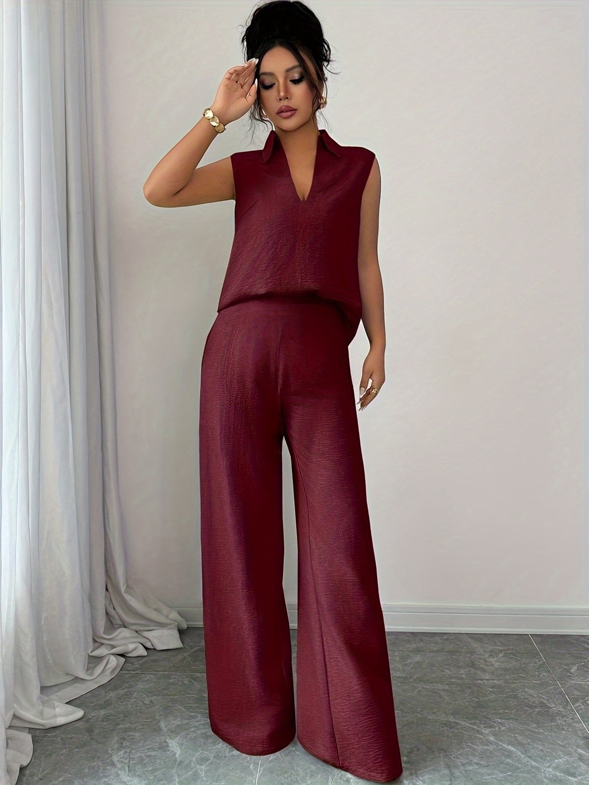 Conjunto Feminino 2 Peças em Tecido Texturizado com Calça Pantalona