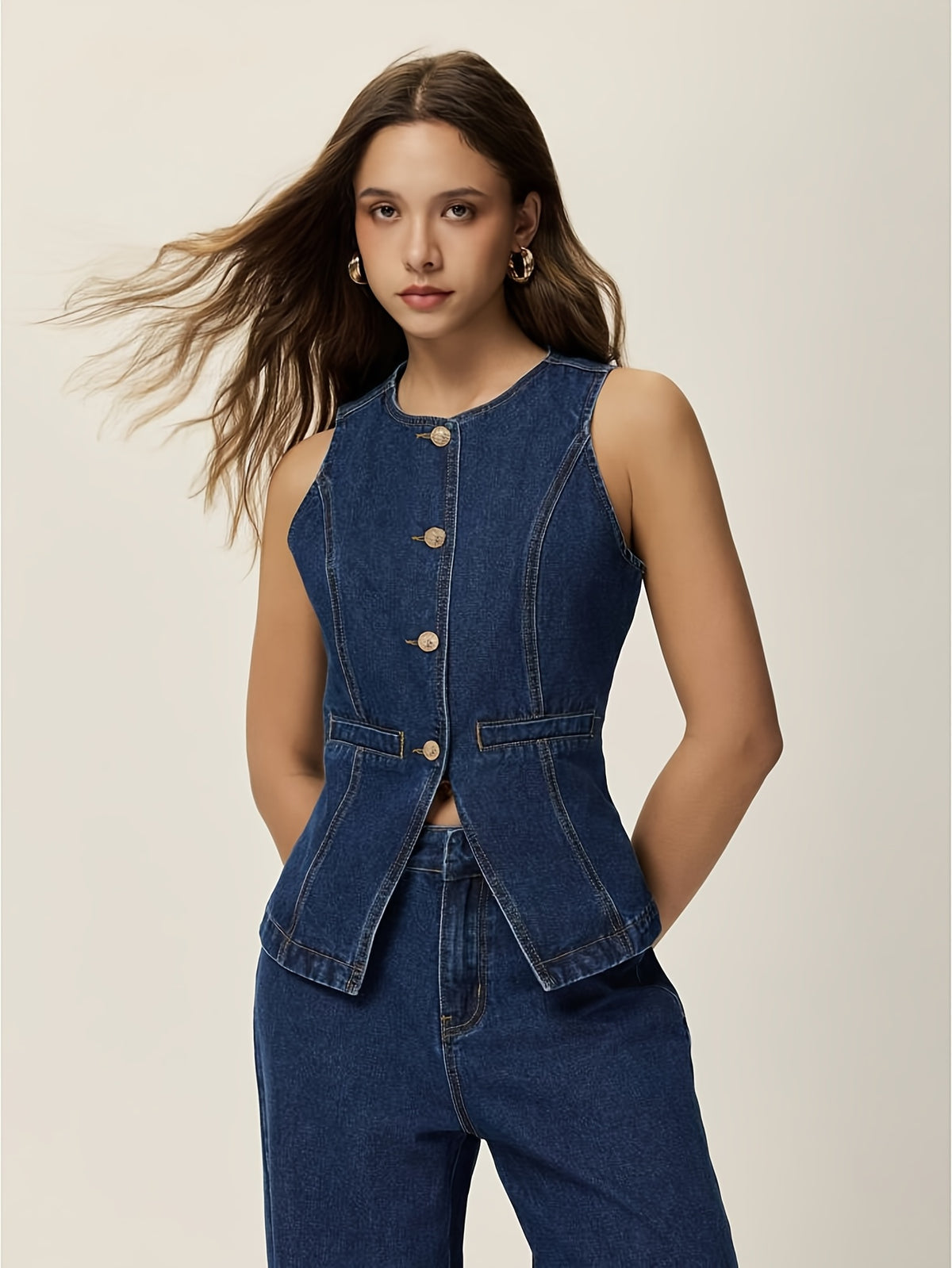 Conjunto Feminino 2 Peças em Jeans com Blusa Estruturada e Calça Reta