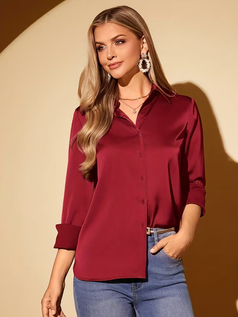 Camisa Feminina Cetim Manga Longa Social Elegante