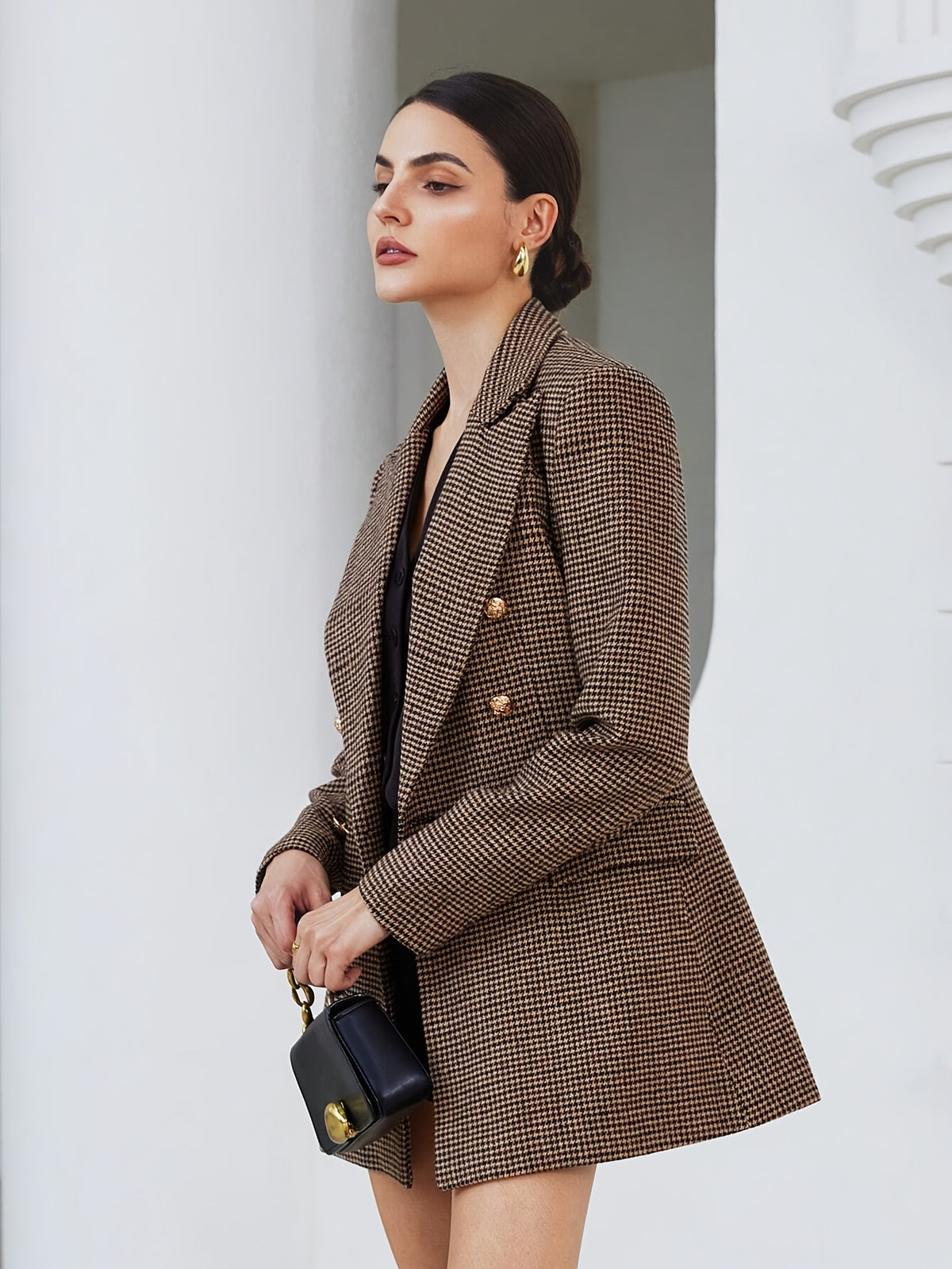 Blazer Feminino Xadrez com Abotoadura Dupla Elegante