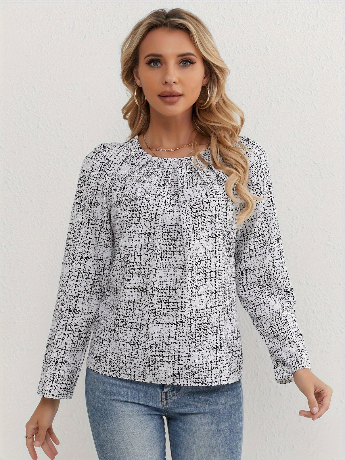 Blusa Feminina Manga Longa Texturizada Elegante Gola Redonda
