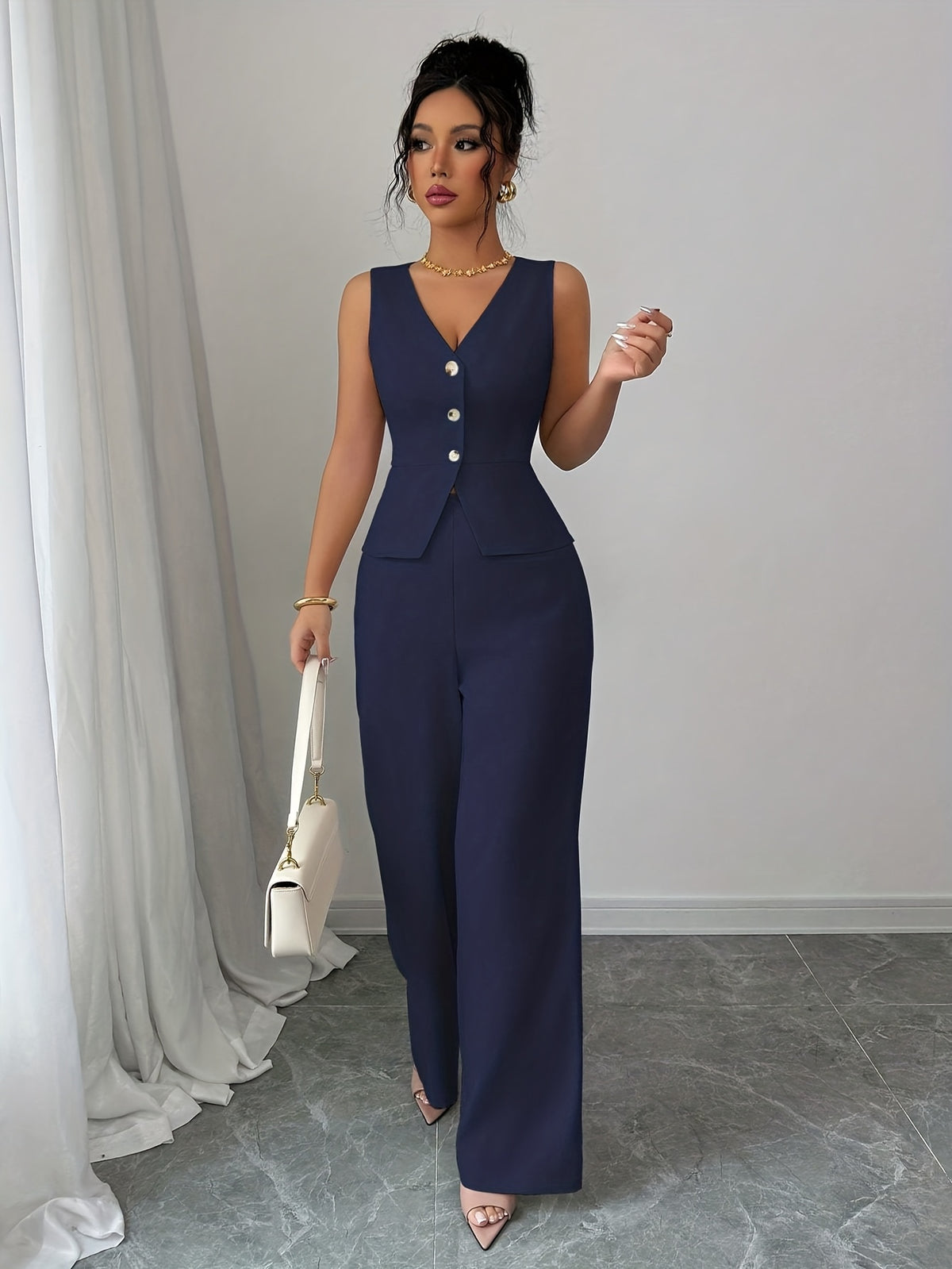 Conjunto Feminino 2 Peças Colete e Calça Pantalona Elegante