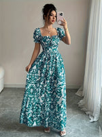 Vestido Longo Floral Manga Puff Elegante Feminino