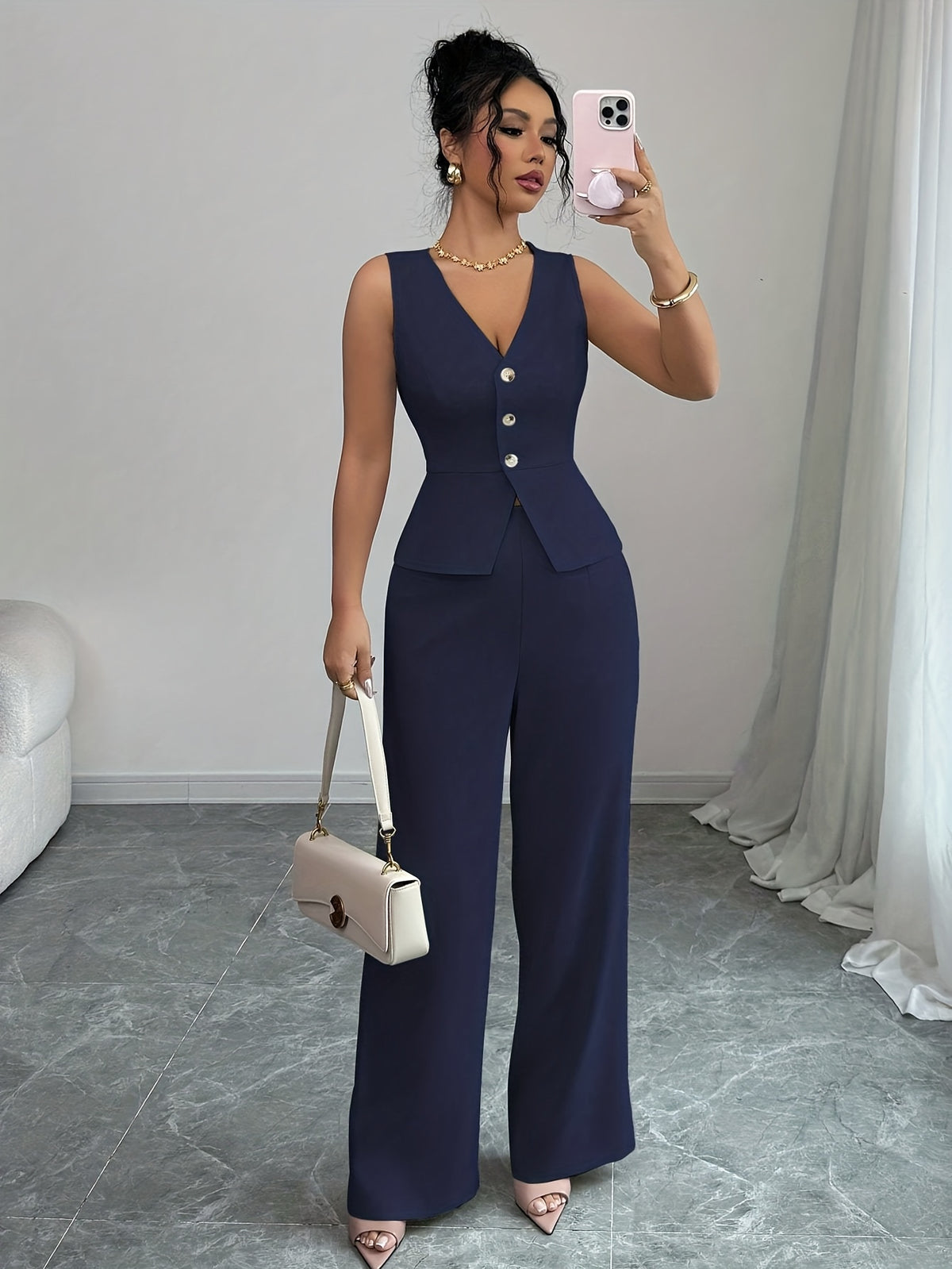 Conjunto Feminino 2 Peças Colete e Calça Pantalona Elegante