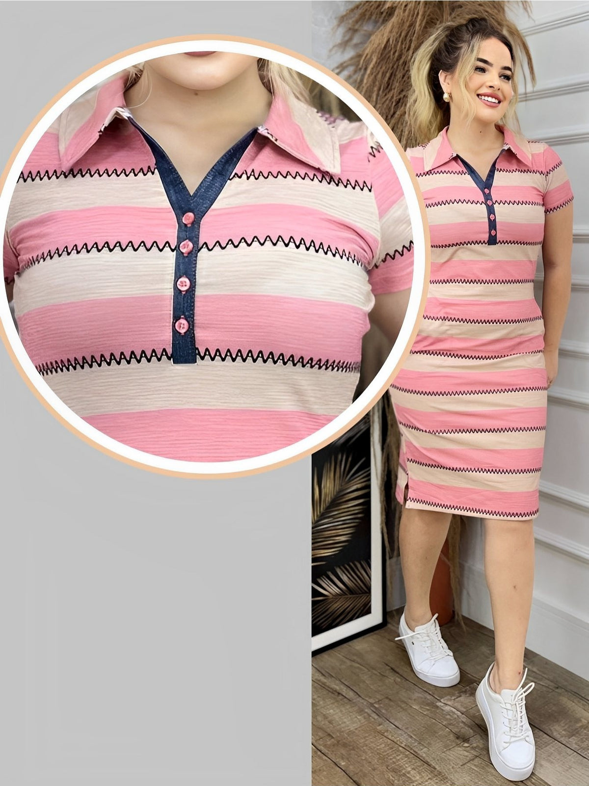 Vestido Midi Listrado com Gola Polo Elegante Feminino