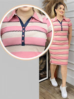 Vestido Midi Listrado com Gola Polo Elegante Feminino