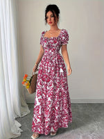 Vestido Longo Floral Manga Puff Elegante Feminino
