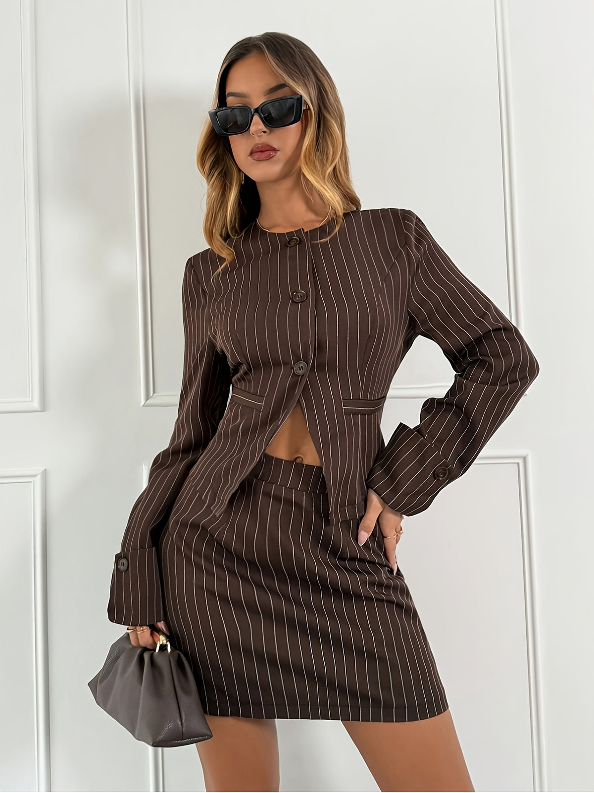 Conjunto Feminino 2 Peças Camisa Listrada e Saia Linha A