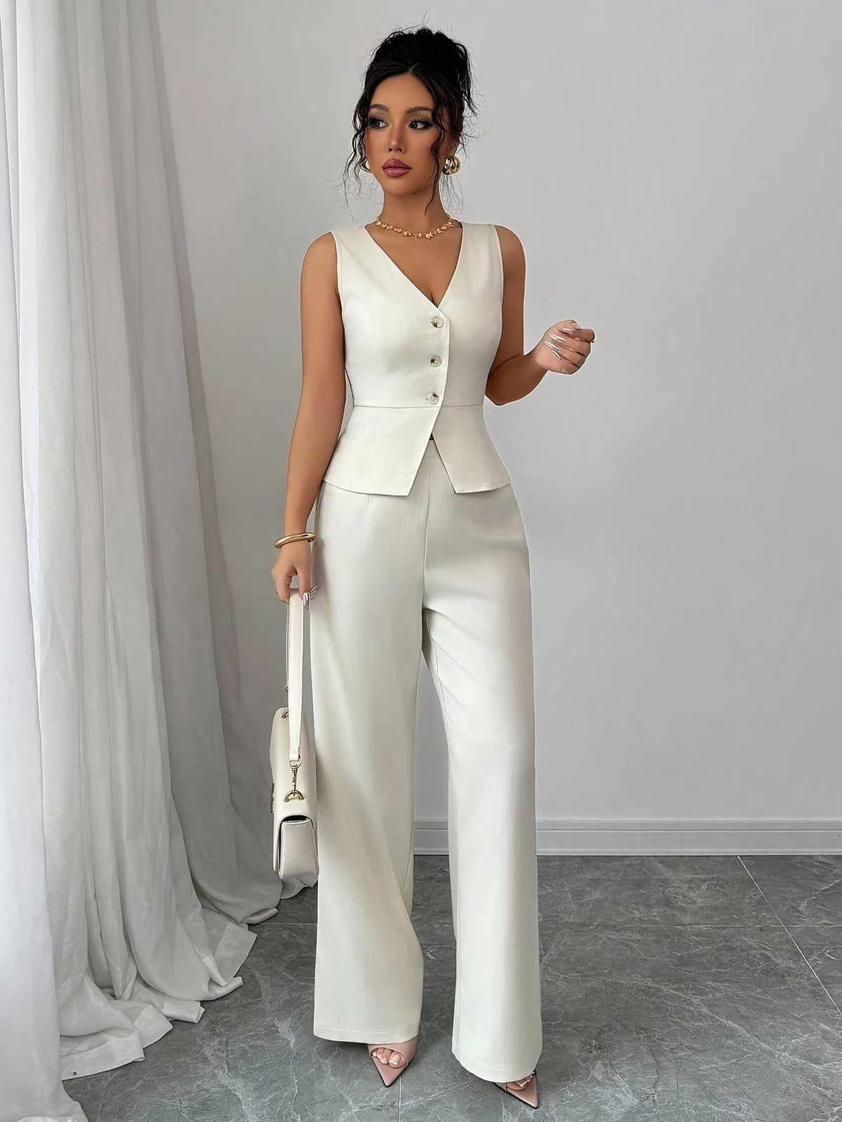Conjunto Feminino 2 Peças Colete e Calça Pantalona Elegante