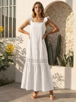 Vestido Longo Feminino de Alça com Decote Quadrado e Saia em Camadas