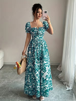 Vestido Longo Floral Manga Puff Elegante Feminino