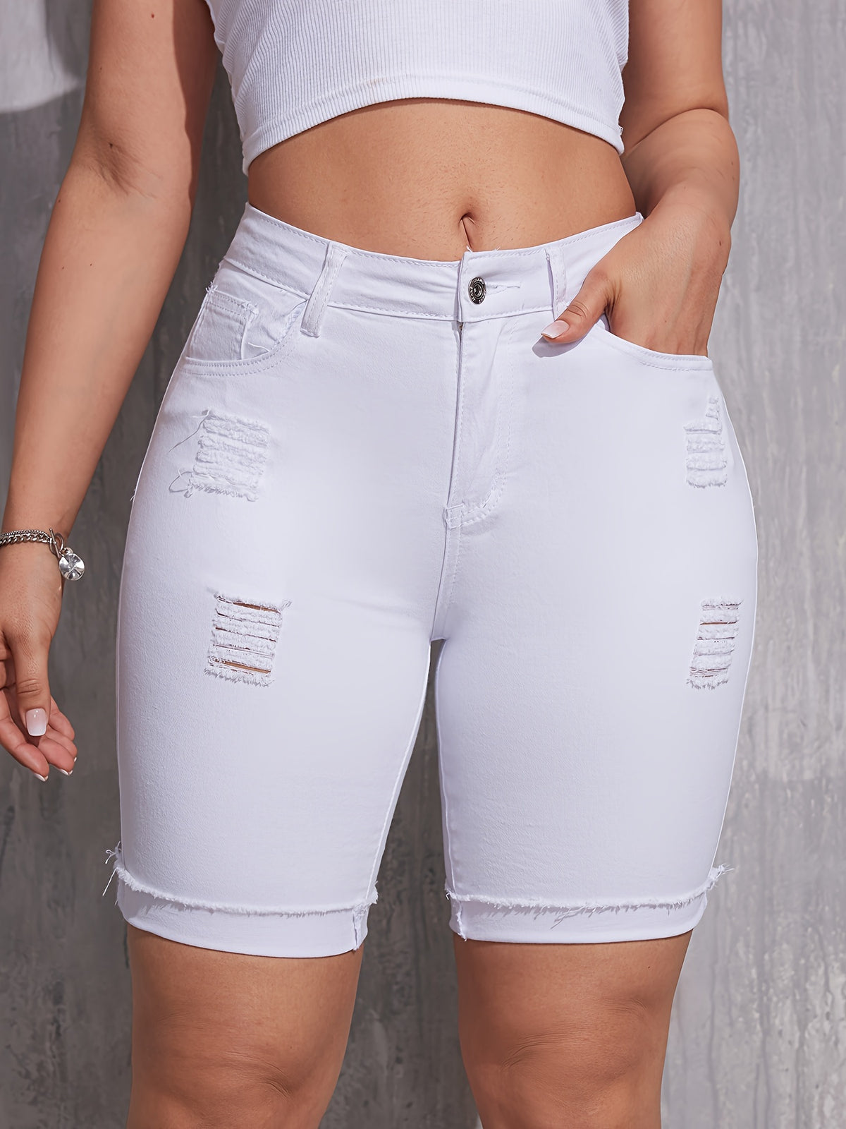 Bermuda Jeans Feminina Branca Cintura Alta