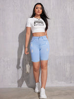 Bermuda Jeans Feminina Cintura Alta Destroyed Rasgada