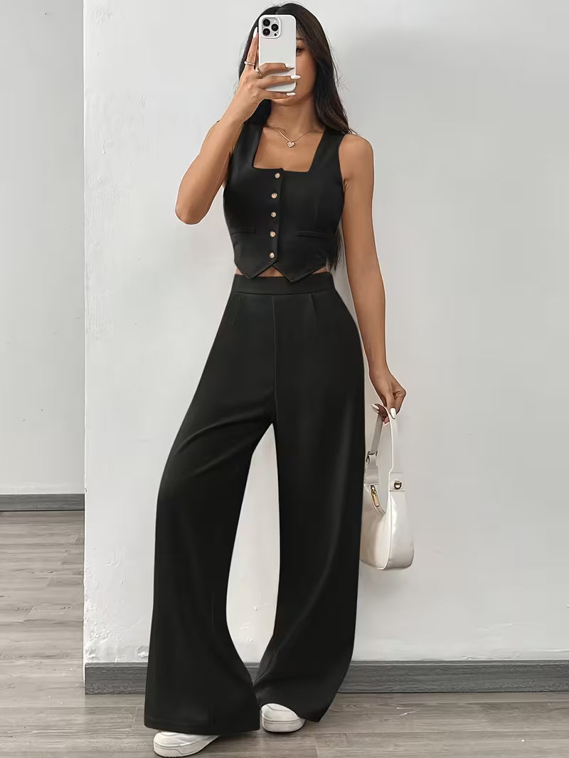 Conjunto Feminino 2 Peças Top com Botões e Calça Social