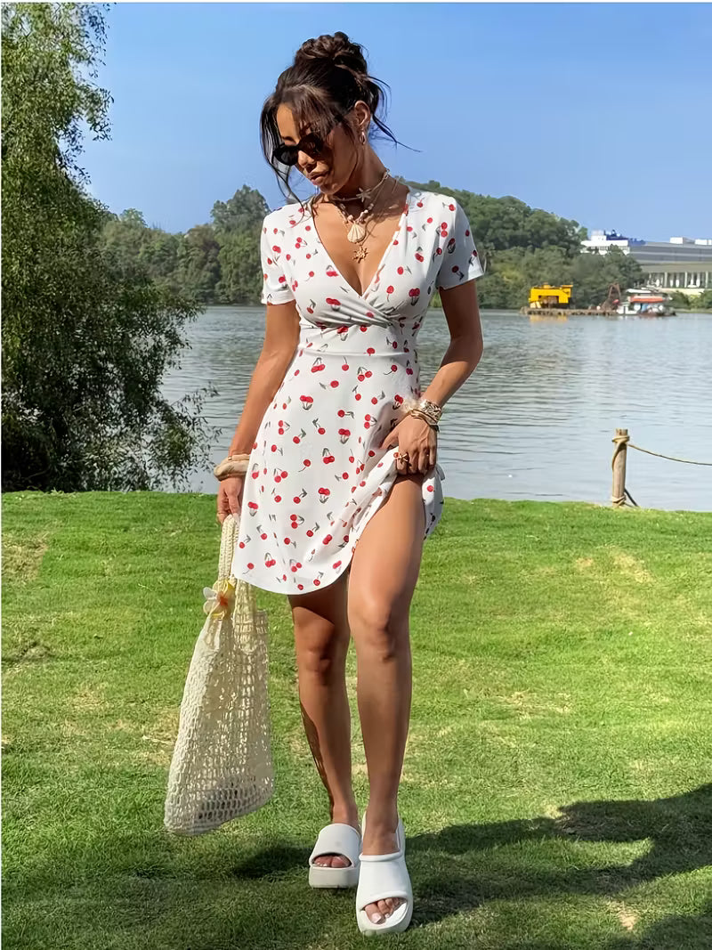 Vestido Curto Evasê Feminino com Estampa de Cereja