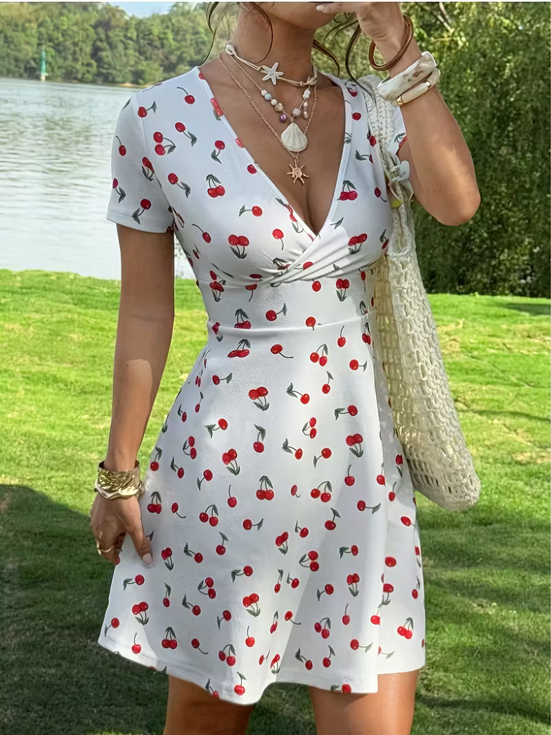 Vestido Curto Evasê Feminino com Estampa de Cereja