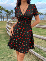 Vestido Curto Evasê Feminino com Estampa de Cereja