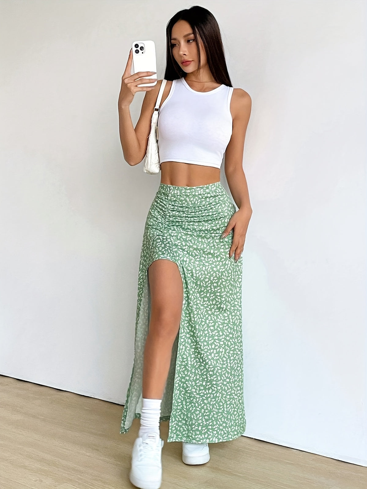 Saia Longa Floral Feminina com Fenda Lateral