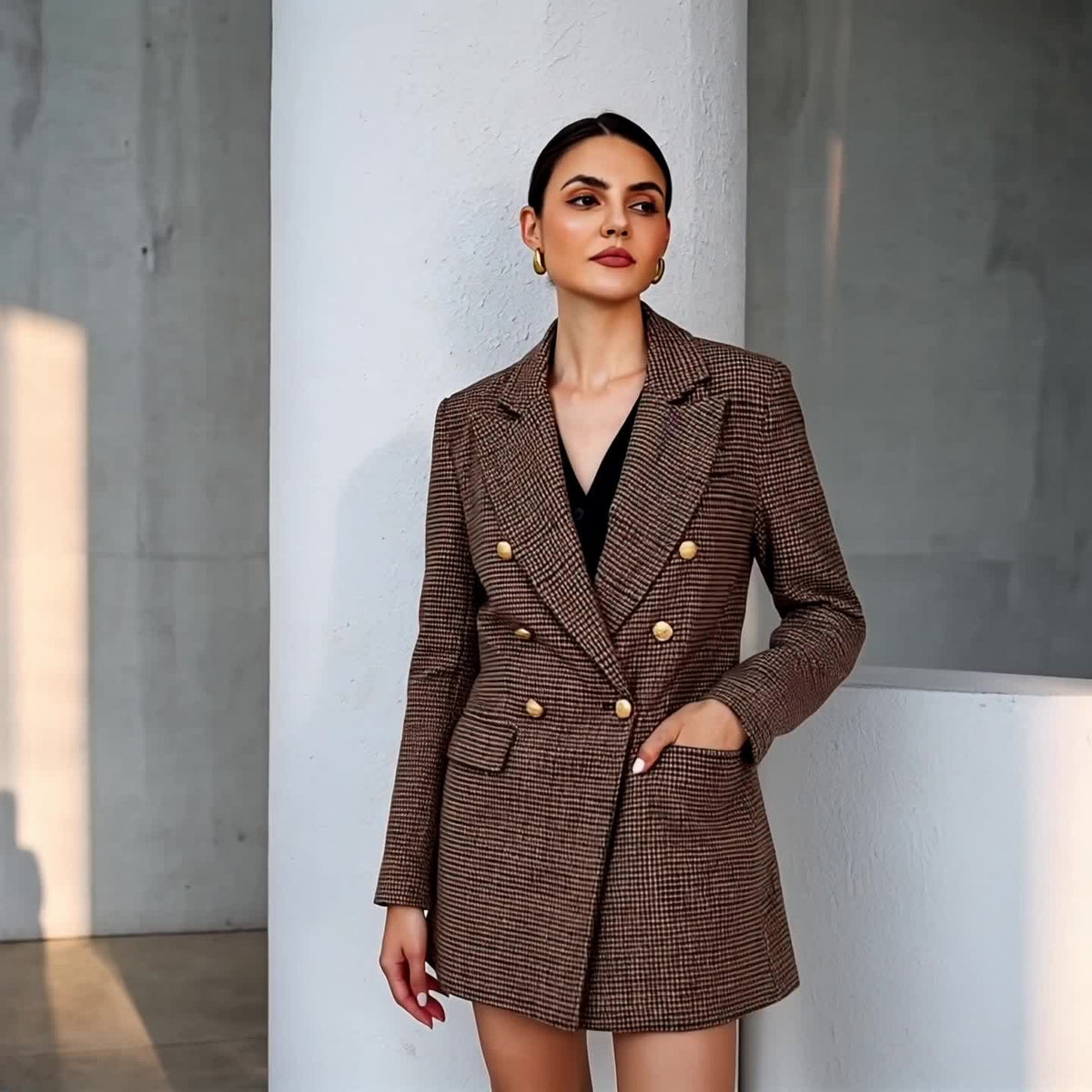 Blazer Feminino Xadrez com Abotoadura Dupla Elegante