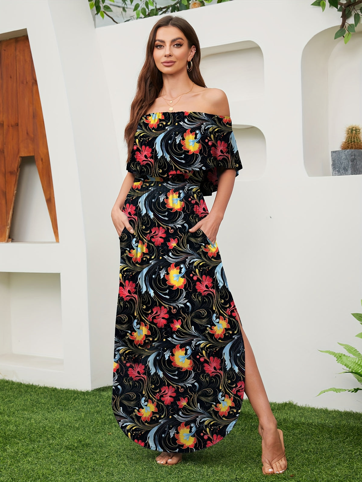 Vestido Longo Ombros de Fora com Fenda Elegante