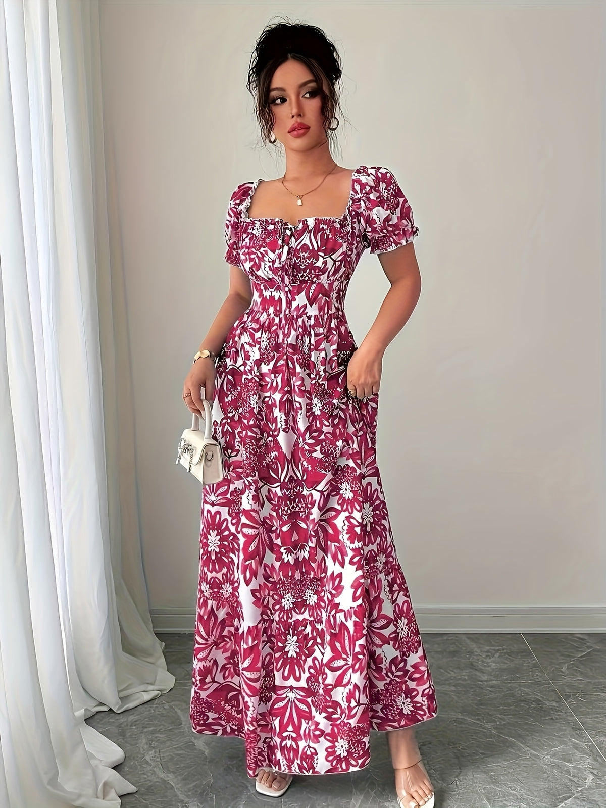 Vestido Longo Floral Manga Puff Elegante Feminino