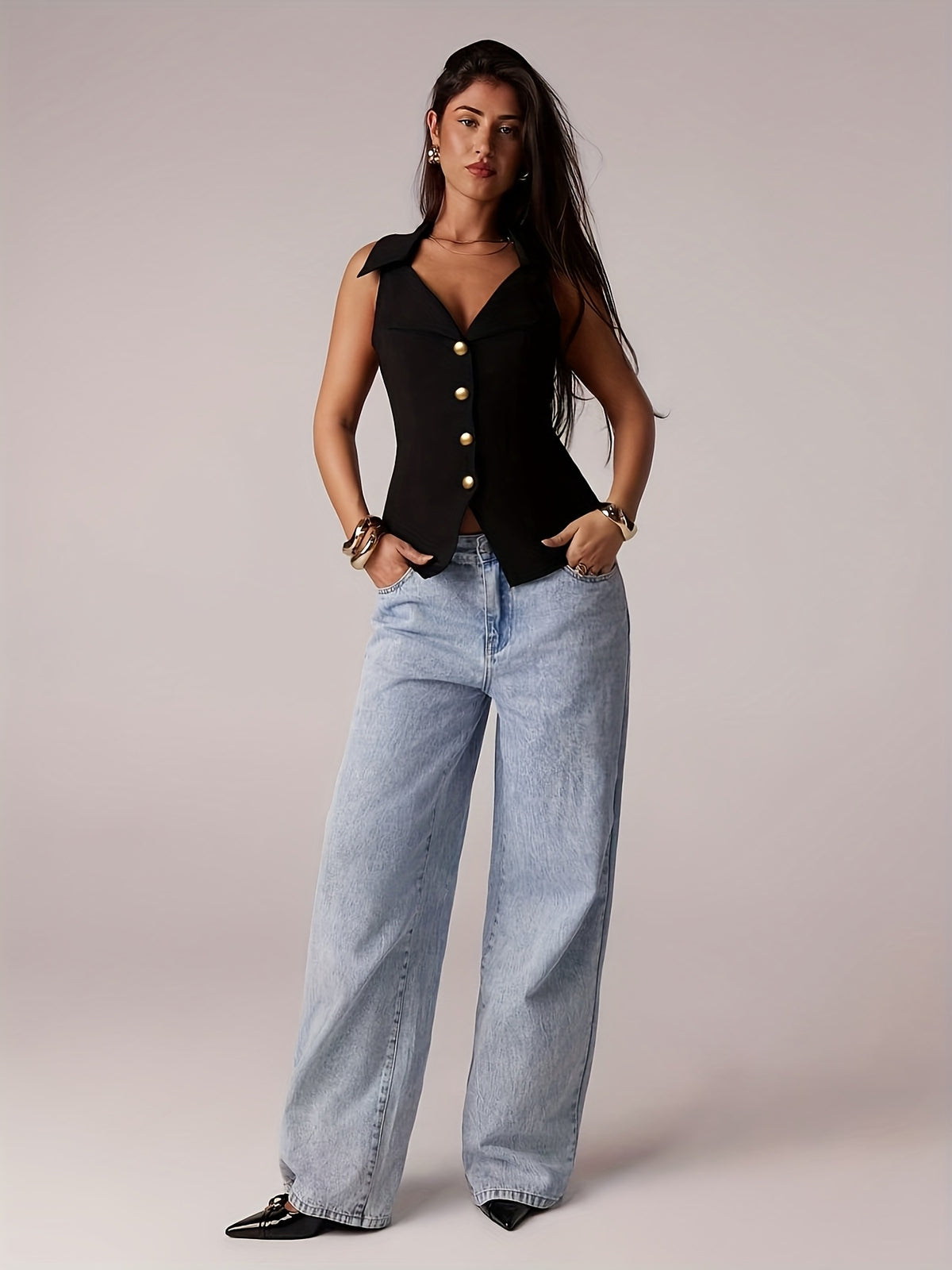 Calça Jeans Feminina Wide Leg Perna Larga Azul Claro