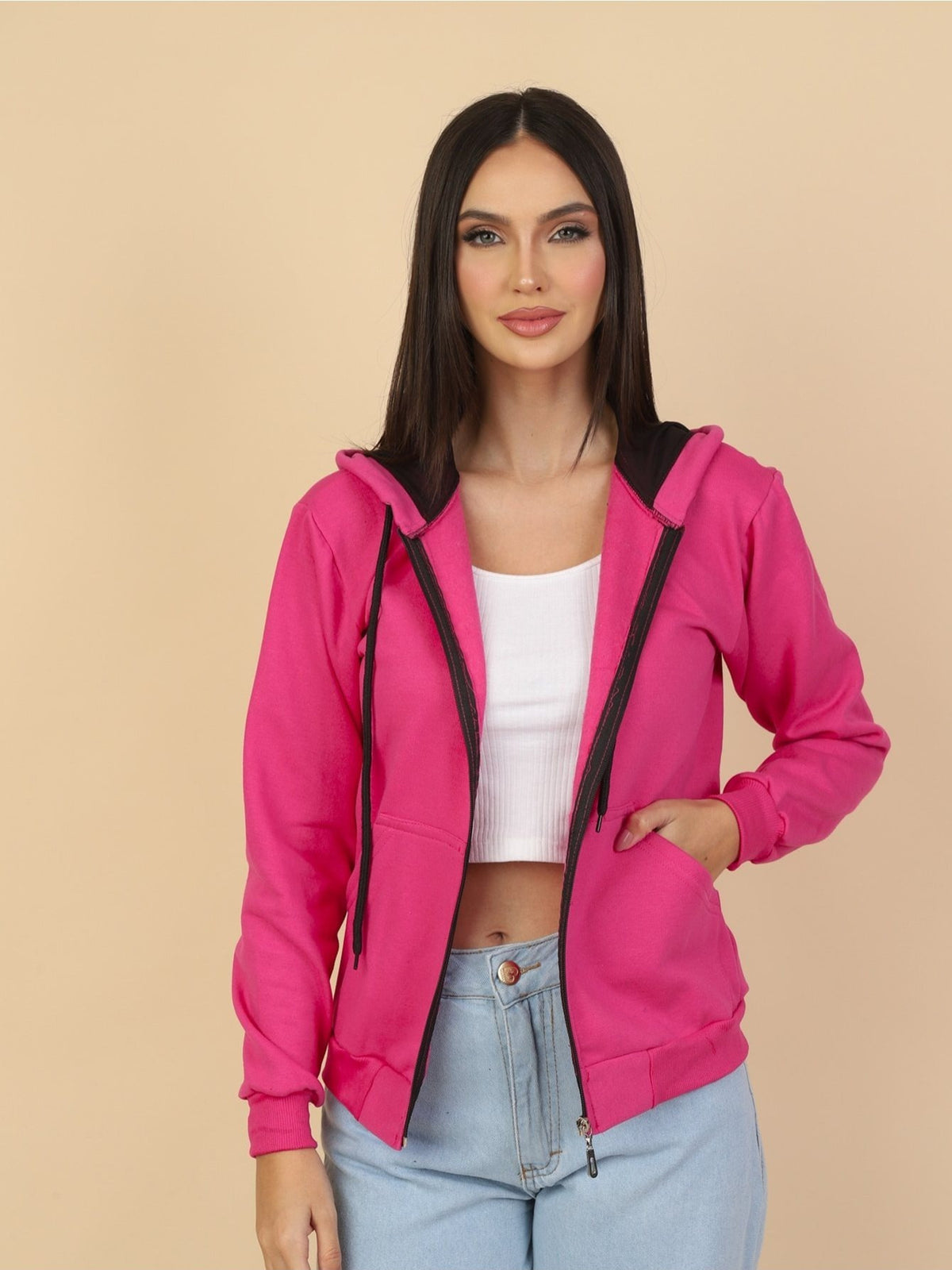 Moletom Feminino com Capuz e Zíper Casual Confortável com Bolsos
