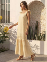 Vestido Longo Feminino de Alça com Decote Quadrado e Saia em Camadas