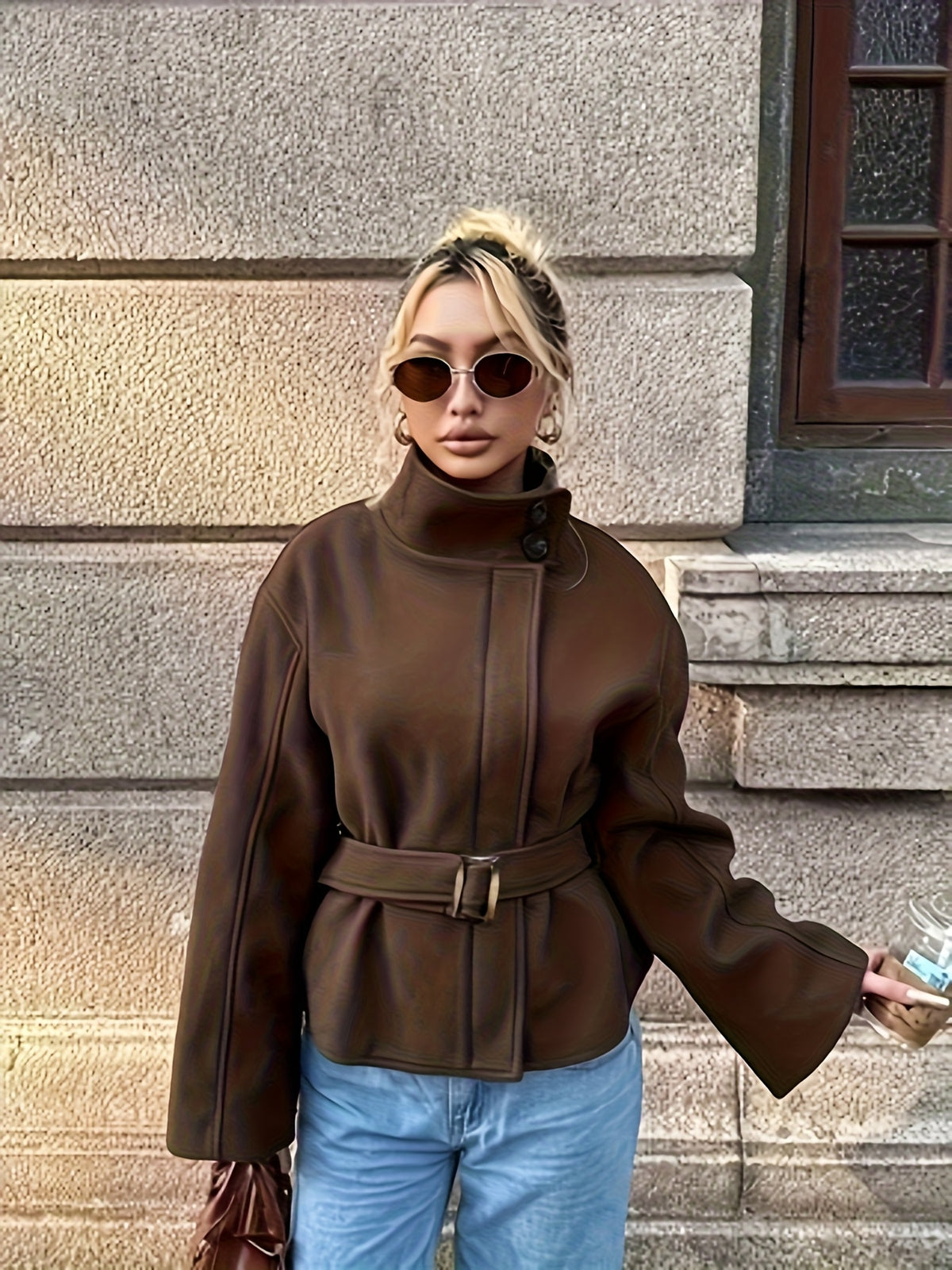 Casaco Feminino Tweed com Cinto Acinturado para Inverno