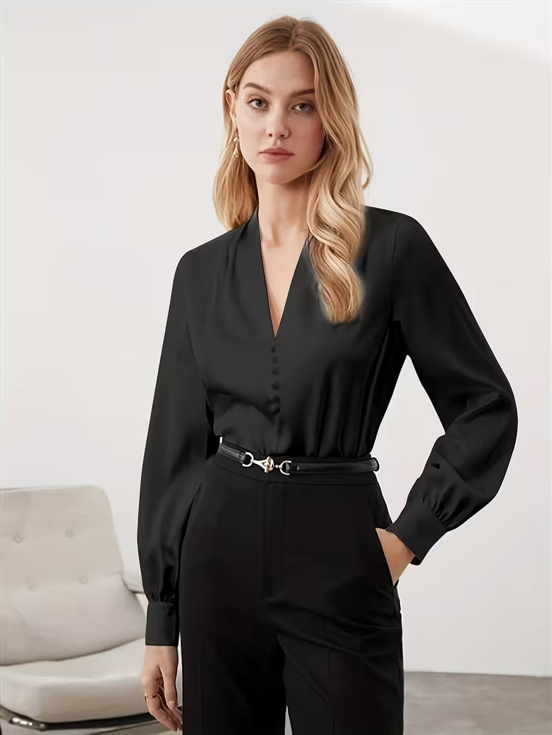 Blusa Feminina de Cetim Manga Longa Decote V Elegante
