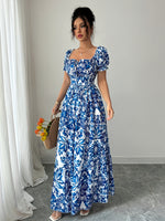 Vestido Longo Floral Manga Puff Elegante Feminino