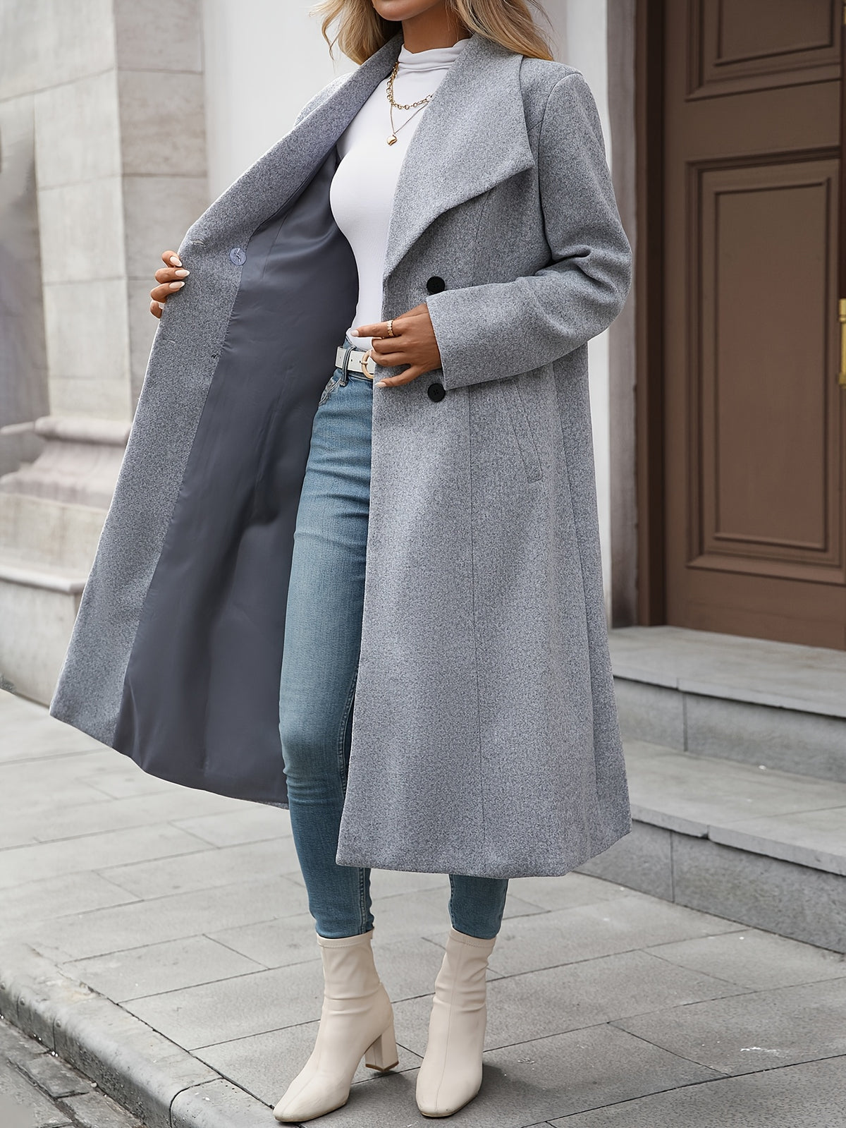 Casaco Feminino Longo de Abotoamento Duplo para Inverno